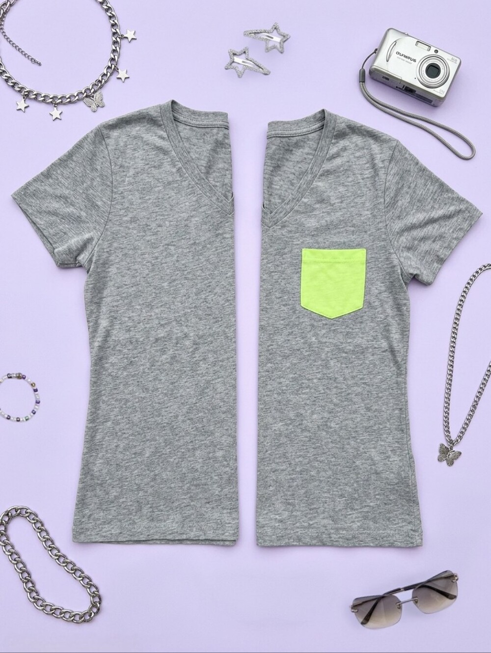 2012 Victoria's Secret PINK V-Neck Tee Shirt Bundle Grey Small Neon Green Pocket